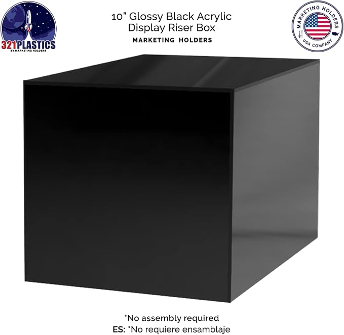10" Acrylic Display Riser Box with 1 Open Side No Lid Glossy Black Square Retail Merchandise Storage Bin Product Platform by Marketing Holders