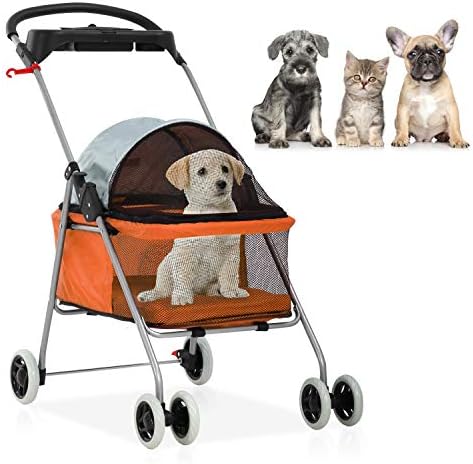 Meet Perfect Pet Stroller for Small/Medium Dogs & Cats, Foldable | Waterproof fabric helps protect pets during outdoor travel; Mesh panels provide ventilation and visibility.