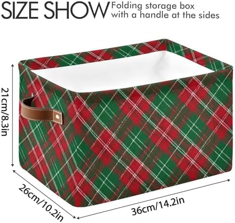 Christmas Buffalo Plaid Storage Basket with Waterproof Liner and PU Handles Winter Green Red Checked Storage Bins Boxes 14.2" Collapsible Decorative Organizer Baskets for Bedroom Closet Office 1 Pack