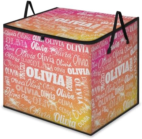 Custom Name Comforter Storage Bin with Lid, Personalized XL Storage Basket with Handles Zippers for Organizing Blankets, Bedding Closet Shelf Baskets, Orange Pink Yellow Glittering Stars