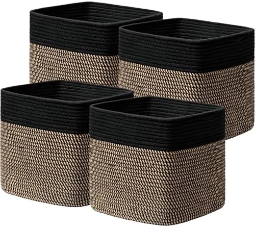 joybest 11inch Cube Storage Bins, Cotton Rope Woven Organizer Basket | Set of 4 Cube Bin Square Shelves Organizer Closet Storage, Nursery, Toy Organization, Black&Dark Brown