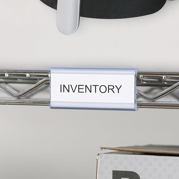 100Pcs Wire Shelf Label Holders with 100Pcs Label Paper Inserts, Plastic Wire Rack Label Holder Compatible with Metro and Nexel 1-1/4in Shelves, Label Area 3in Lx1.25in H