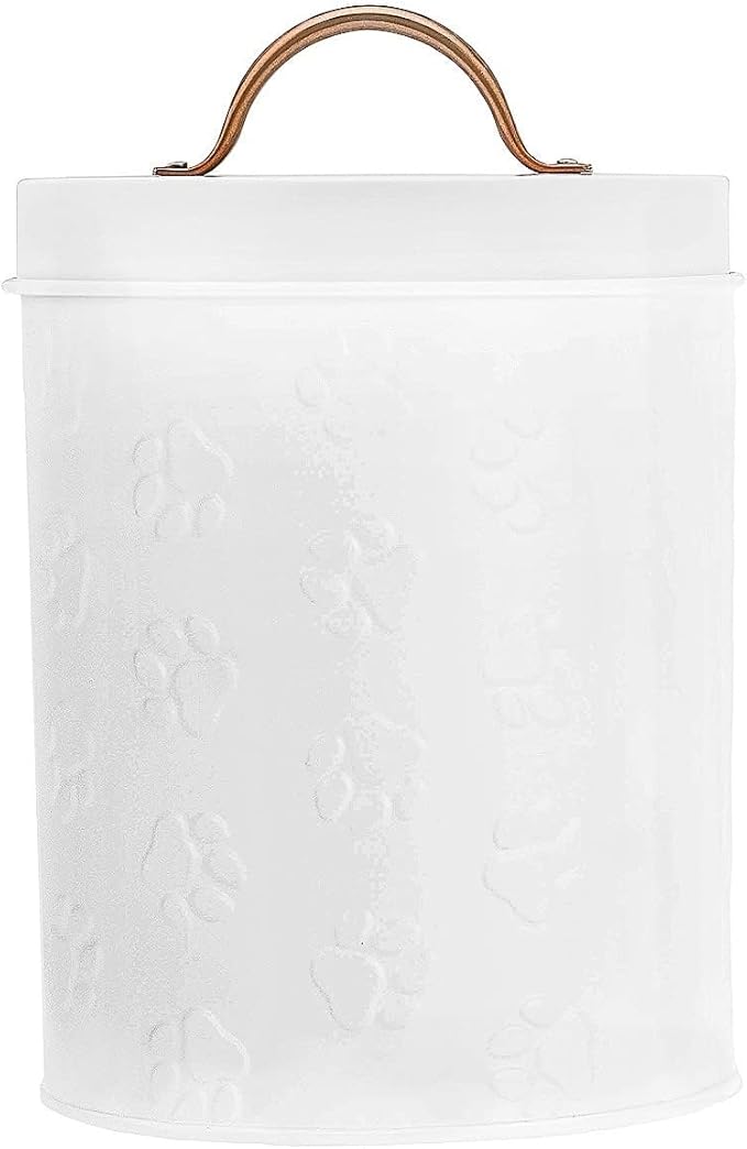 Amici Pet Puppy Paws White Metal Food Canister, Small, 64oz | Small Airtight Pet Food Storage Container with Silicone Gasket Lid, Embossed Paw Print for Dog & Cat Food, Treats & Kibbles