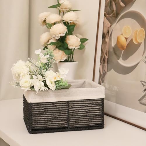 GYASVWU Hand-Woven Paper Rope Storage Baskets,Rectangular Wicker Baskets for Organizing,Decorative Woven Basket for Storage,Shelf Basket for Living Room,Storage Baskets for Pantry (Black - Large)