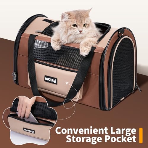 Collapsible Small Pet Carrier for Cat 15 lbs with Fashion Pocket Travel Bag | Lightweight Sturdy Little Puppy Dog Carry Crate, Breathable Stylish Kitten Soft Cage Kennel, Portable Yorkie Box Khaki