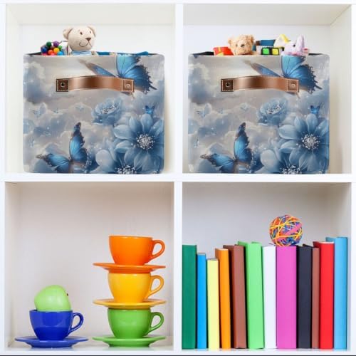 Foldable Storage Baskets Bins for Shelves Blue Butterfly Floral Storage Box Decorative Closet Organizers Baskets with Handles