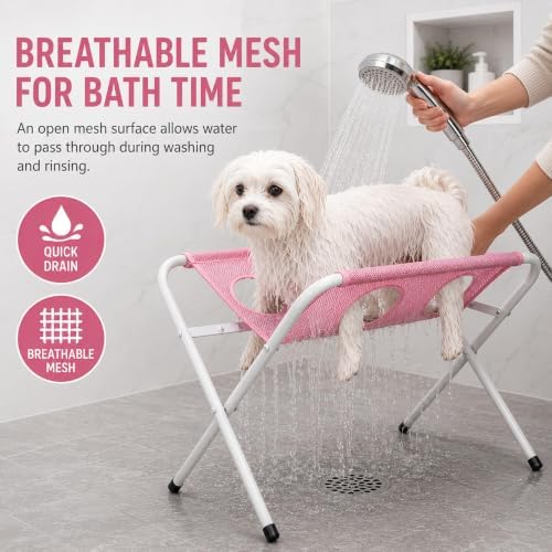 Portable Dog Grooming Table, Foldable Pet Grooming Hammock Stand (Grey) | with Quick Dry Mesh Platform, Support Rectangular Wash Station for Small Dogs and Cats Nail Trimming,Bathing and Daily Care