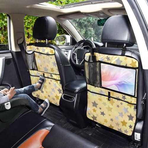 2 Pack Back Seat Car Organizer with Storage Pockets Kick Mats Back Seat Protector Hanging Car Organizer Automotive Seat Back Cover Organizers Cute Silver and Golden Stars