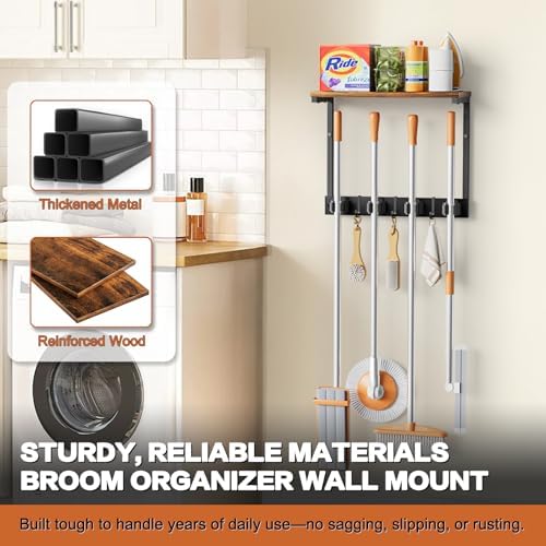Broom Holder Wall Mount with Cleaning Supplies Organizer, Laundry Room Organization and Storage Shelves, Mop Hanger Broom Rack with Hooks, Home Improvement Kitchen Shelf Garage Organizer