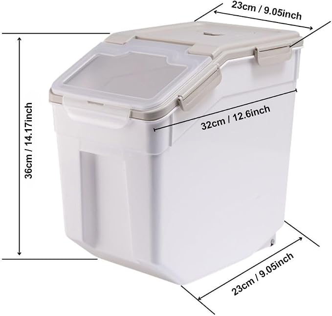 2 Pack Rice Storage Container 25 lbs, Airtight Flour Storage Containers with Lid and Wheels, Measuring Cup & Scoop, BPA Free, Bulk Food Dispenser for Sugar, Grain, Cereal, Dog Food (Grey)
