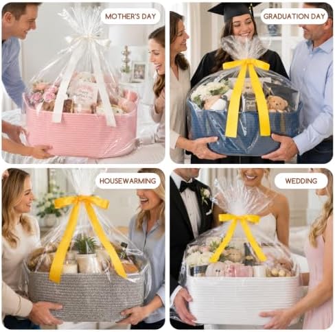 OIASKET Large Empty Cotton Rope Gift Basket with Handles, 16.5"x12.6"x7" Decorative Woven Storage Basket with Gift Bag and Ribbon Set for Baby Shower, Toy Organizer for Kids, Dogs & Cats - Blue
