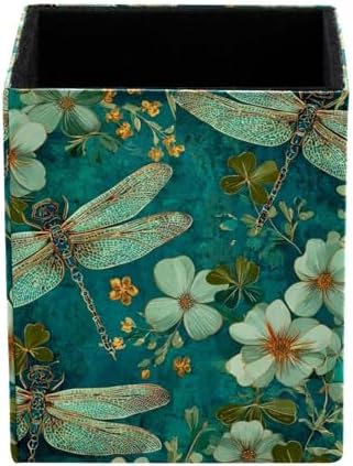 Dragonfly Pen Holder for Desk Decor, Rectangular PVC Leather Pencil Cup for Desk Pen Organizer, Makeup Brush Holder for School, Home, Office