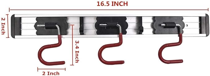 Wall Mounted Mop and Broom Holder Stainless Steel S Type Broom Rack Anti-Slip Mop Organizer (16.5 Inches,3 Positions 2 Hooks, Red black)