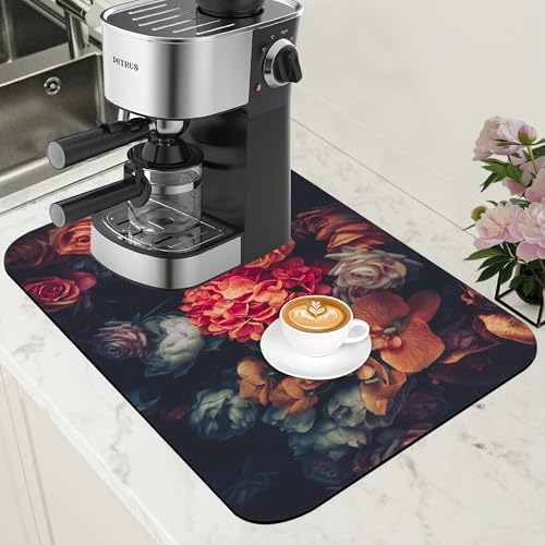 Vintage Rose Flower Coffee Mat Absorbent Dish Drying Mat for Kitchen Counter Hide Stain Rubber Backed Coffee Bar Accessories Fit Under Espresso Machine, 11.8 x 19.7 Inch