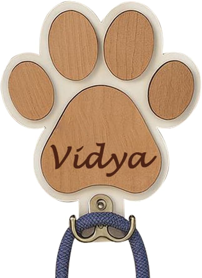 Personalized Wooden Paw Print Pet Leash Holder - Custom Name Engraved Dog Collar & Leash Wall Hook, Decorative Entryway Organizer for Pet Owners
