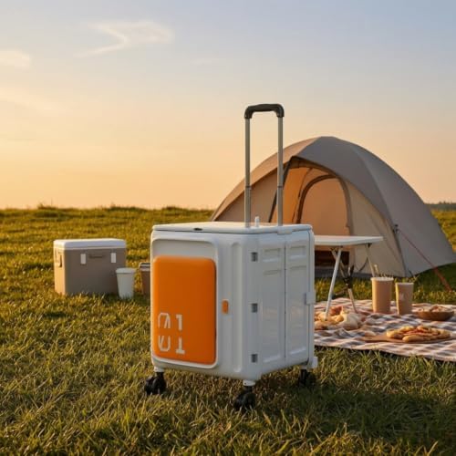 Rolling Crate with Lid Portable Foldable Rolling Crate Heavy-Duty Trolley with Lid for Camp, Journeyers, Camping, Outdoor Travel, Picnics, Orange White