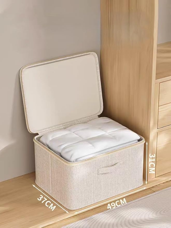 [3 Pack] Beige Cotton Linen Collapsible Storage Bins for Home Organization, Waterproof Fabric Foldable Organizer Boxes, 19.29 x 14.57 x 12.2 Inches, Zippered Flap & Handle (Extra Large)