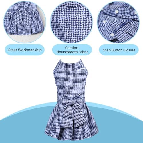 Classic Plaid Dog Dress with Bow Tie for Small Dogs Cats Girls, Cute Puppy Dresses Clothes with Bowknot Chihuahua French Bulldog Pet Apparel Outfits (Blueberry Blue, Small)