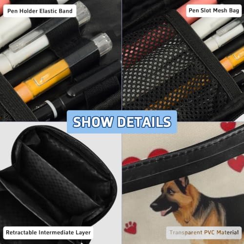 JUNZAN PVC Pencil Case German Shepherd Love Heart Pet | Full Polyester & PVC Double Zipper Office Organizer Multi-compartment