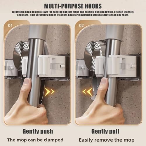 2PCS Suction Cup Broom Holder Wall Mount, No Drill Mop and Broom Organizer with Retractable Towel Rack, Transparent Bathroom Storage, Grey Holder and Mop Wall Mount Hanger Organizer Hangin