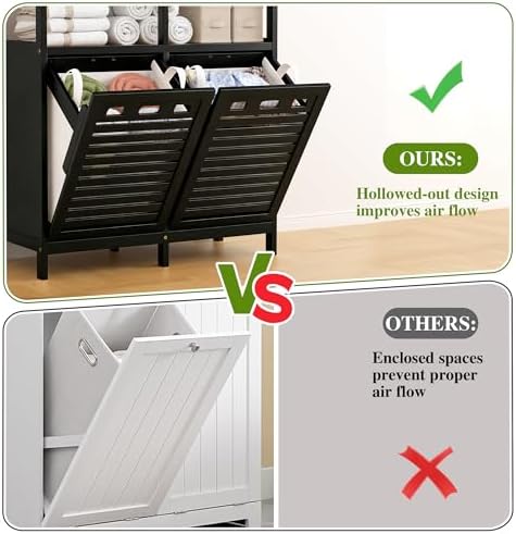 VASMIA Tilt Out Laundry Hamper Cabinet, Bamboo Double Laundry Hamper with 2 Removable Laundry Baskets, 20 Gal Laundry Sorter Organizer with Shelf for Dirty Clothes, Bathroom, Laundry Room, Natural