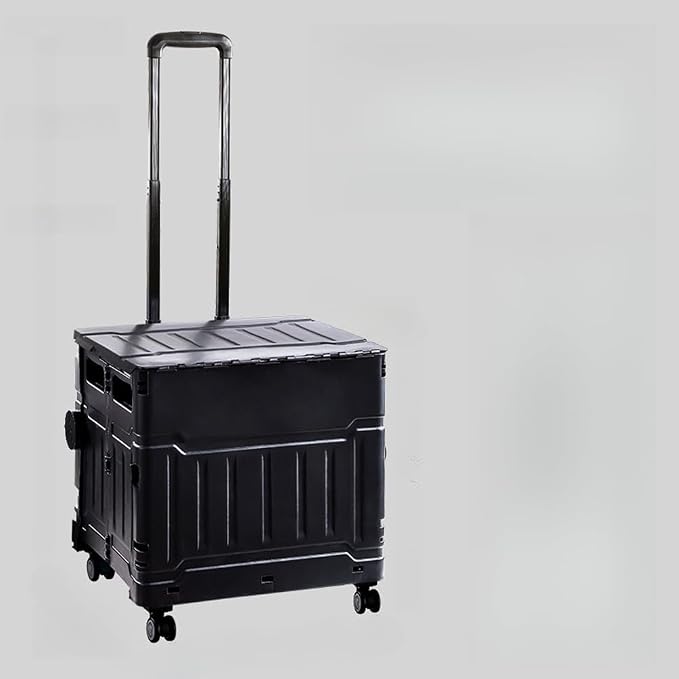 Collapsible Shopping Box Trolley on Wheels with Lid,75L Large Capacity Folding Portable Rolling Crate Handcart with Telescopic Handle for Camping (Black,Four Wheel Large)