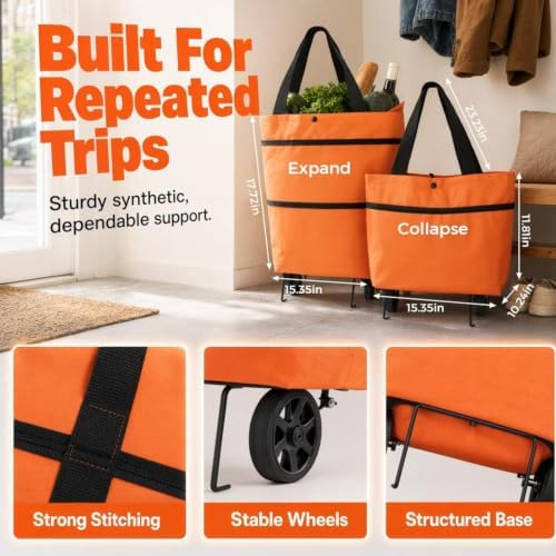 Foldable Shopping Cart Rolling Bag, Heavy Duty Wheeled Cart Bag | Portable Compact Cart for Groceries, Laundry & Camping Gear for Travel & Apartment Storage