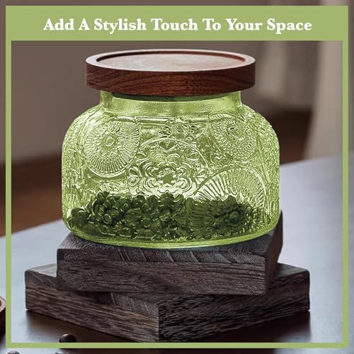 Decorative Green Embossed Glass Jar with Airtight Wooden Lid, 25.4 fl. oz | Wide mouth vintage storage canister, kitchen pantry bathroom organization, coffee sugar tea cookie candy candle vase gift