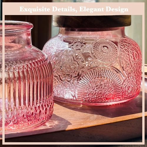 Decorative Pink Glass Jars with Airtight Wooden Lids 2 pack, 25.4 fl. oz | Wide mouth vintage storage canister, kitchen pantry bathroom organization, coffee sugar tea cookie candy candle vase gift