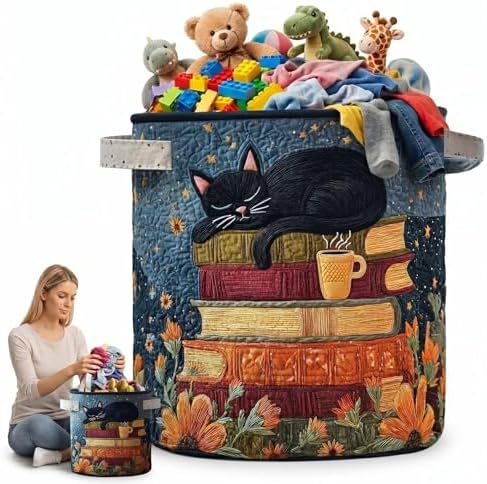 Freestanding Laundry Hamper, Collapsible Quilted Storage Basket with Handles, Cute Cat Books Clothes Bin for Bedroom Home(20" x 28")