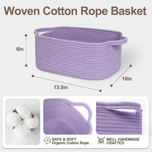 Cute Purple Gift Basket, Woven Baskets for Gifts Empty, Cotton Rope Storage Bin for Organizing, Cat Dog Toy Box, Baby Nursery Organizer, Wicker Easter Basket with Handle, Purple Room Decor