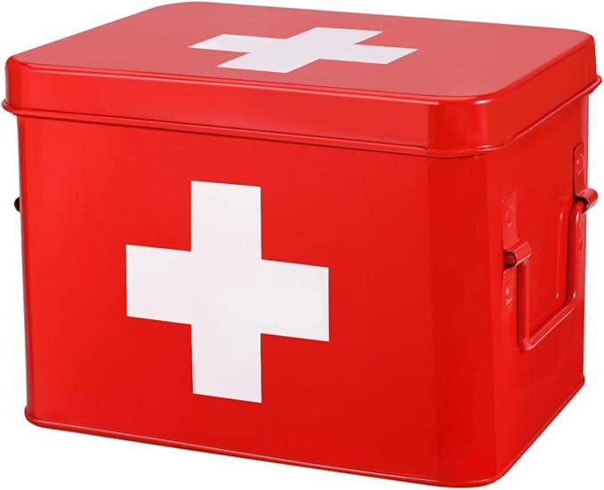 Flexzion Large Metal First Aid Box Empty, 8.5-Inch, Red with White Cross | Vintage Medicine Box and First Aid Storage Organizer with Removable Tray and Dividers; Empty Box Only, Supplies Not Included