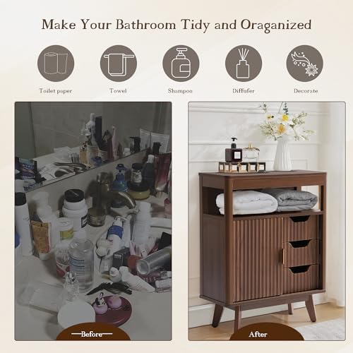 Grepatio Bathroom Floor Cabinet, Fluted Storage Cabinet with Sliding Door & 3 Drawers, Freestanding Cabinets Organizer Storage w/Adjustable Shelf, Faux Marble Top for Bathroom, Kitchen (Brown)