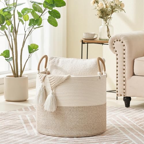 KAKAMAY Large Blanket Basket (18"x18"x16"), Woven Baby Laundry Hamper for Storage, Cotton Rope Basket for Nursery, Laundry, Living Room, Pillows, Baby Toy Chest with Handles (Black Stripes)