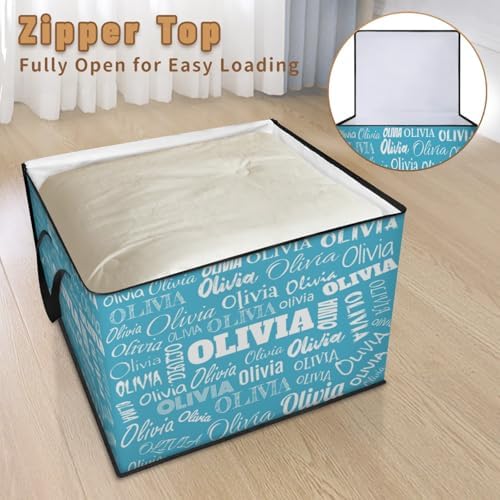 Custom Storage Baskets Cubes for Home with Name, Lake Blue Background Large Foldable Organizer Collapsible Storage Bins for Home Blanket Comforters Clothes Closet Nursery
