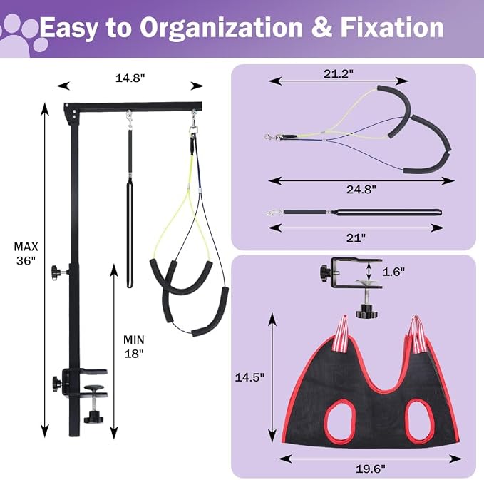 AGESISI Dog Grooming Arm with Clamp, 36" H for Small/Medium Pets, Black | Heavy Duty Pet Grooming Table Arm with Grooming Hammock, Loop Noose & Two No-Sit Haunch Holder, 36" Height Adjustable