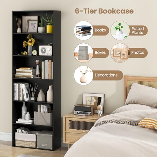 Giantex 6-Tier Bookcases Set of 2, 70" Tall Wooden Bookshelf, Freestanding Storage Organizer w/Open Shelves, Anti-Tipping Kits, Modern Floor Standing Display Shelves for Living Room, Bedroom, Black