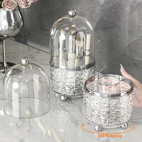 CHIRISEN 360 Rotating Makeup Brush Holder with Lid Dustproof Spinning Brush Storage for Bathroom Countertop, Cosmetic Tools Organizer with Cover for Vanity (Clear)