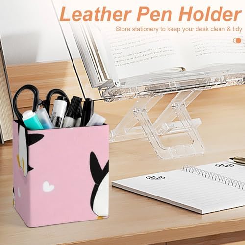 Square Pen Holder Waterproof Multifunctional Desk Organizer For Office Home Cute Cartoon Penguin And Heart Pink