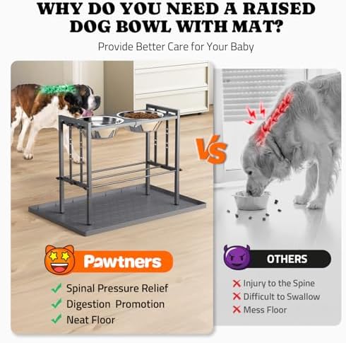 Pawtners Elevated Dog Bowl for Large Breed, Adjustable Feeder with Mat