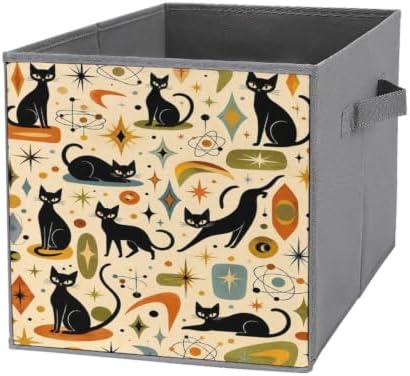 Black Cats Stars Storage Bin with Handles, Oxford Fabric Foldable Storage Cube Organizer for Clothes, Towels, Bedroom, Living Room, Home Organization