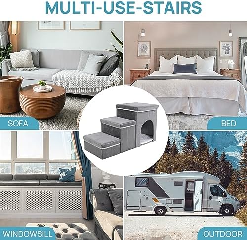 Foldable Pet Stairs with Cozy House & Storage