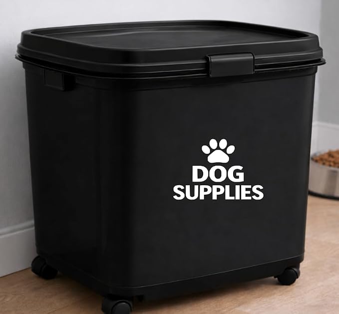 Dog Supplies Vinyl Decal – Waterproof Pantry Storage Label Sticker for Pet Organizer Bin Container (White)