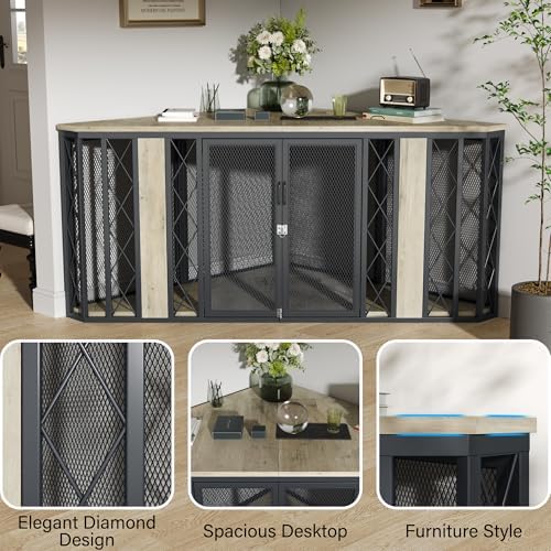 kepptory 67" Corner Wooden Dog Crate Furniture with Diamond Metal Decoration, Pet Kennel for Small, Medium and Large Dogs, Space-Saving Dog Cage for TV Stand(Grey)