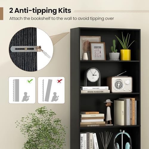 Giantex 6-Tier Bookcases Set of 2, 70" Tall Wooden Bookshelf, Freestanding Storage Organizer w/Open Shelves, Anti-Tipping Kits, Modern Floor Standing Display Shelves for Living Room, Bedroom, Black