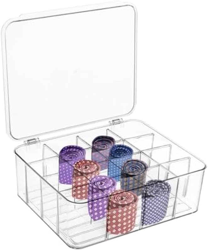 Tie Organizer Box, 12 Cells Clear Tie Storage Drawer Organizer with Lid, Detachable Dividers, Tie Display Container, Storage Box for Ties Socks Bras Underwear, for Closet and Drawer