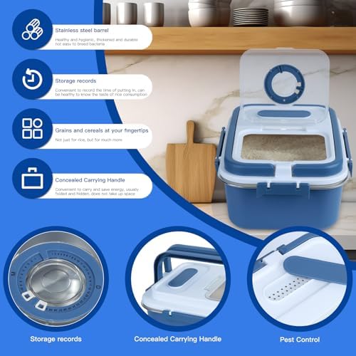 Rice Storage Container Bin 15 lbs Stainless Steel Flour Storage Containers with Lid Rice Grain Kitchen Bucket Airtight Canister for Cereals Flour Sugar Tea Milk Wine Ice, Dry/Wet Food,Blue