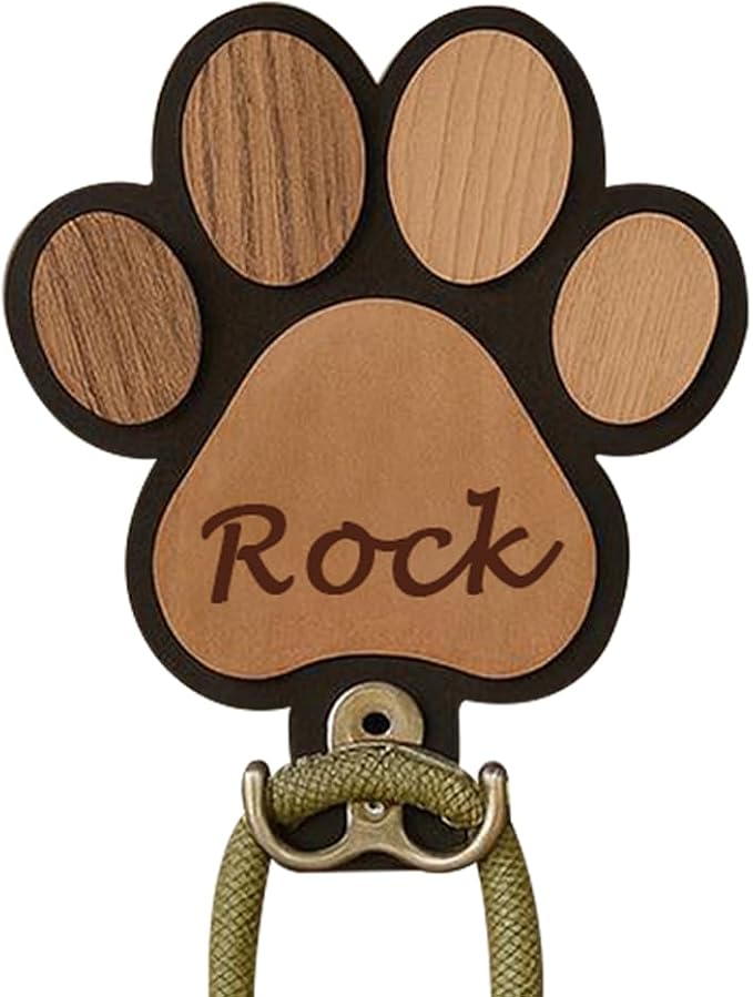Personalized Wooden Paw Print Pet Leash Holder - Custom Name Engraved Dog Collar & Leash Wall Hook, Decorative Entryway Organizer for Pet Owners