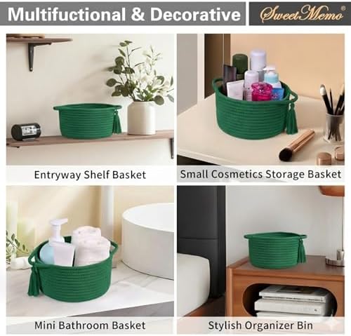 Small Gift Basket Empty to Fill with Gifts Bag & Ribbon, Green | Cute Decorative Mini Woven Rope Basket with Handles for Gifting; Reusable for Bathroom Counter or Desk Catchall, 8 x 4.7 in