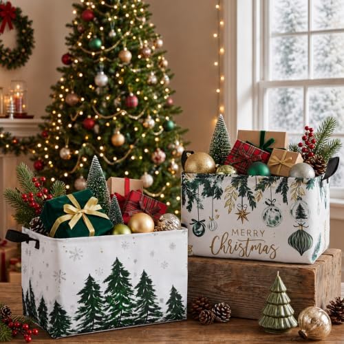 Chunful 4 Pack Christmas Tree Storage Baskets Watercolor Green Pine Snowflake Collapsible Storage Bins with Handles, Merry Christmas Foldable Organizer Laundry Baskets for Home Closet Bedroom Office